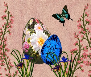 Jajka, Wielkanoc, Grafika, Motyl, Kwiaty
