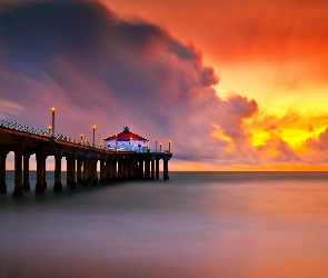 Kalifornia, Huntington Beach, Molo, Stany Zjednoczone, Zachód słońca, Morze, Huntington Beach Pier