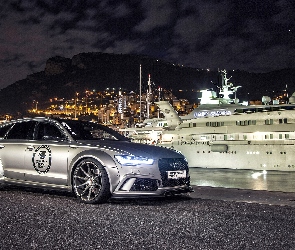 Audi RS6, Samochód, Miasto, Port, Statek, Nadbrzeże