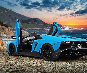 Lamborghini, Słońca, Wybrzeże, Zachód, Aventador