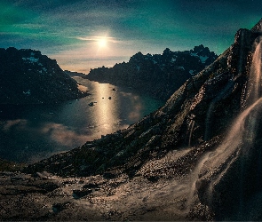 Góry, Wodospad, Fiord, Grenlandia, Wschód słońca