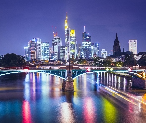 Światła, Kolorowe, Noc, Frankfurt, Most, Rzeka