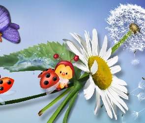 Biedronki, Liść, Kwiat, Mlecz, Motyl