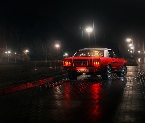 Ford, Noc, Deszcz, Mustang, Czerwony