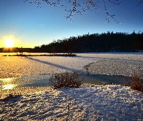 Zima, Zamarznięte, Słońca, Śnieg, Zachód, Jezioro