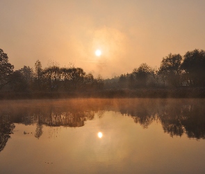 Jezioro, Mgła, Polska, Świt, Mokre