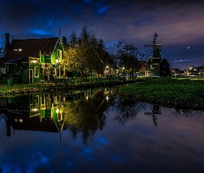 Zaanse Schans, Holandia, Odbicie, Dom, Wiatrak, Noc