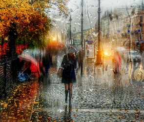 Kobieta, Deszcz, Ulica, Parasol, Petersburg