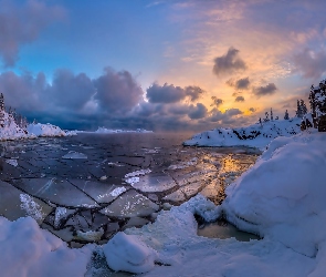 Jezioro Ładoga, Wschód słońca, Lód, Zima, Rosja