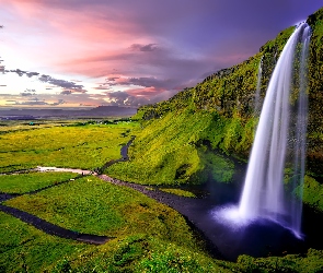 Islandia, Roślinność, Klif, Zachód słońca, Wodospad Seljalandsfoss