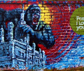Ściana, Street art, Napis, King Kong, Mural