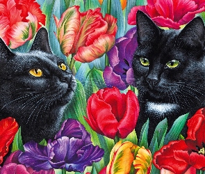 Czarne, Rysunek, Tulipany, Koty