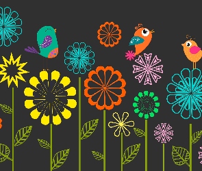 Motyw, Ptaki, Kwiaty, Kolorowe, Grafika 2D