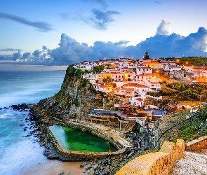 Domy, Morze, Miasteczko Azenhas do Mar, Zdjęcie miasta, Skały, Portugalia, Klif