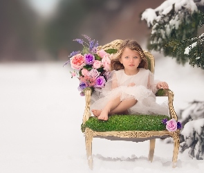 Śnieg, Świerk, Sukienka, Dziewczynka, Fotel, Kwiaty