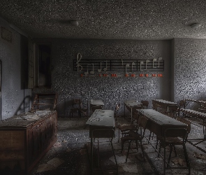 Nuty, Biurko, Sala, Zaniedbana, Klasa, Ławki