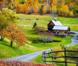Jesień, Stan Vermont, Stany Zjednoczone, Droga, Staw, Drzewa, Dom, Nowa Anglia