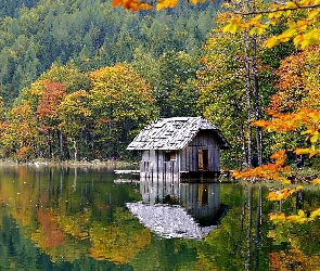 Jezioro, Jesień, Drzewa, Las, Domek