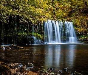Rzeka, Drzewa, Park Narodowy Brecon Beacons, Walia, Wodospad Sgwd Ddwli Uchaf, Las