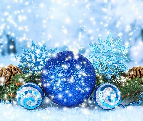 Kompozycja, Świąteczna, Śnieg, Niebieskie, Bombki, Szyszki, Boże Narodzenie