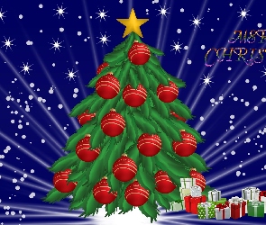 Merry Christmas, Napis, Choinka, Boże Narodzenie, Bombki, Prezenty