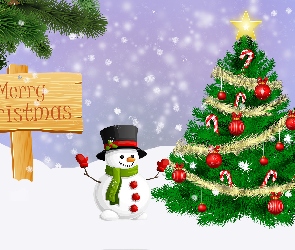 Napis, Bałwanek, Boże Narodzenie, Merry Christmas, Śnieg, Świąteczne, Choinka