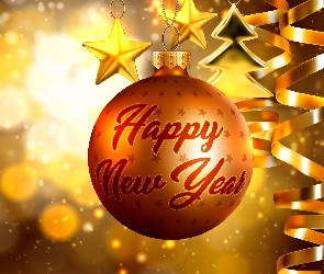 Happy New Year, Napis, Złote, Bokeh, Bombka, Gwiazdki, Wstążki