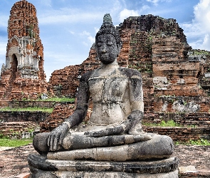 Posąg Buddy, Miasto Ayutthaya, Ruiny, Tajlandia, Świątynia Wat Mahathat