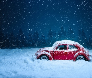 Zima, Śnieg, Model Volkswagen Beetle, Autko, Zabawka, Czerwone