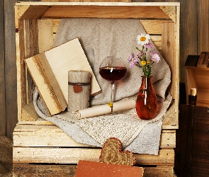Kwiatki, List, Świeca, Książka, Wina, Wazon, Skrzynie, Kieliszek