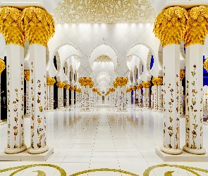 Złoto, Kolumny, Miasto Abu Dhabi, Marmur, Wielki Meczet Szejka Zayeda, Zjednoczone Emiraty Arabskie, Meczet Marii Matki Jezusa