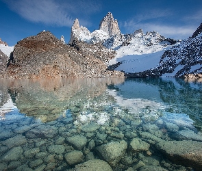 Jezioro, Zima, Patagonia, Kamienie, Szczyt Fitz Roy, Argentyna, Góry Andy