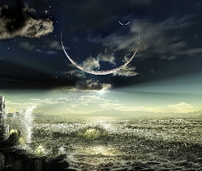 Morze, Księżyca, Noc, Zaćmienie, Fale