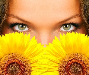 Kwiaty, Żółte, Dziewczyny, Twarz, Oczy, Dwa