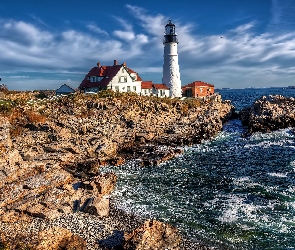 Zatoka Casco, Latarnia morska Portland Head Light, Skały, Stan Maine, Stany Zjednoczone, Morze, Cape Elizabeth