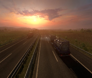 Ciężarówki, Autostrada, Euro Truck Simulator 2, Gra, ETS 2, Wschód słońca