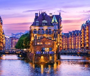 Zdjęcie miasta, Domy, Hamburg, Niemcy, Rzeka, Mosty