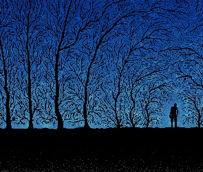 Noc, Grafika, Człowiek, Drzewa