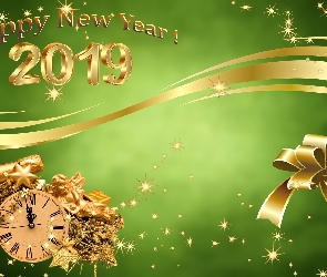 Nowy Rok, 2019, Grafika, Zegar, Kartka, Szampan