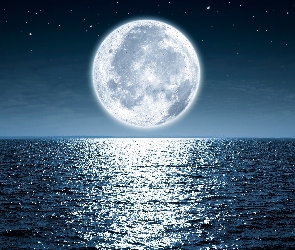 Noc, Ocean, Księżyc, Morze, Pełnia