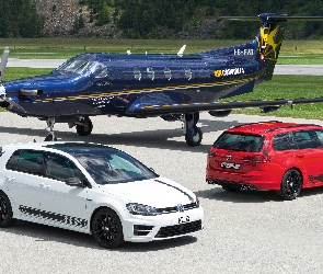 Samochody, Dwa, Pilatus PC-12, Czerwony, Volkswagen Golf R360S, Samolot, Biały