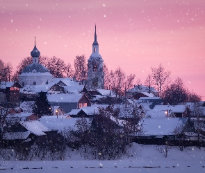 Padający, Cerkiew, Domy, Rosja, Zima, Śnieg, Kostroma, Drzewa