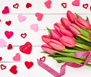 Walentynki, Serduszka, Tulipany, Wstążka, Różowe
