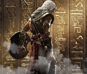 Assassins Creed Origins, Gra, Hieroglify, Tarcza, Łuk, Ściana, Bayek