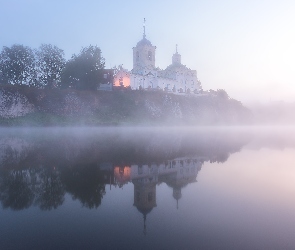 Rzeka, Odbicie, Mgła, Drzewa, Cerkiew