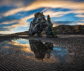 Wschód słońca, Islandia, Isafjordur, Plaża, Skała Hvítserkur