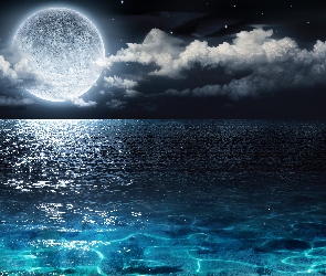 Księżyc, Chmury, Morze, Pełnia, Niebo, Ocean, Horyzont