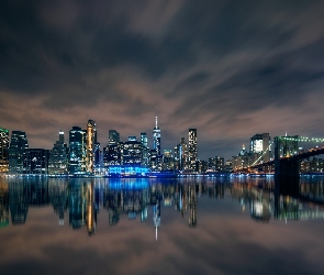 Cieśnina East River, Domy, Manhattan, Stany Zjednoczone, Manhattan, Most Manhattan Bridge, Nowy Jork, Rzeka