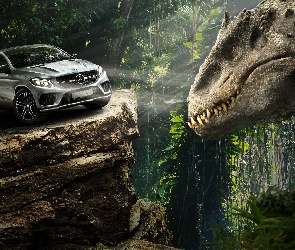 Mercedes-Benz GLE Coupe, Samochód, Jurassic World, Dżungla, Skała, Film, Dinozaur