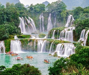 Wodospad Ban Gioc Waterfall, Łodzie, Wietnam, Rzeka, Cao Bang, Jezioro
